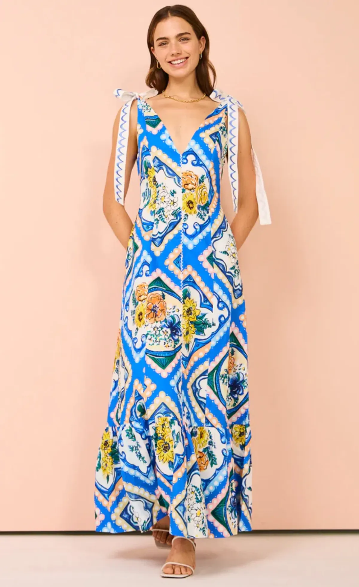 By Nicola Adoncia Tie Sleeve Maxi Dress Azure Blue Floral Size 10 - Image 5