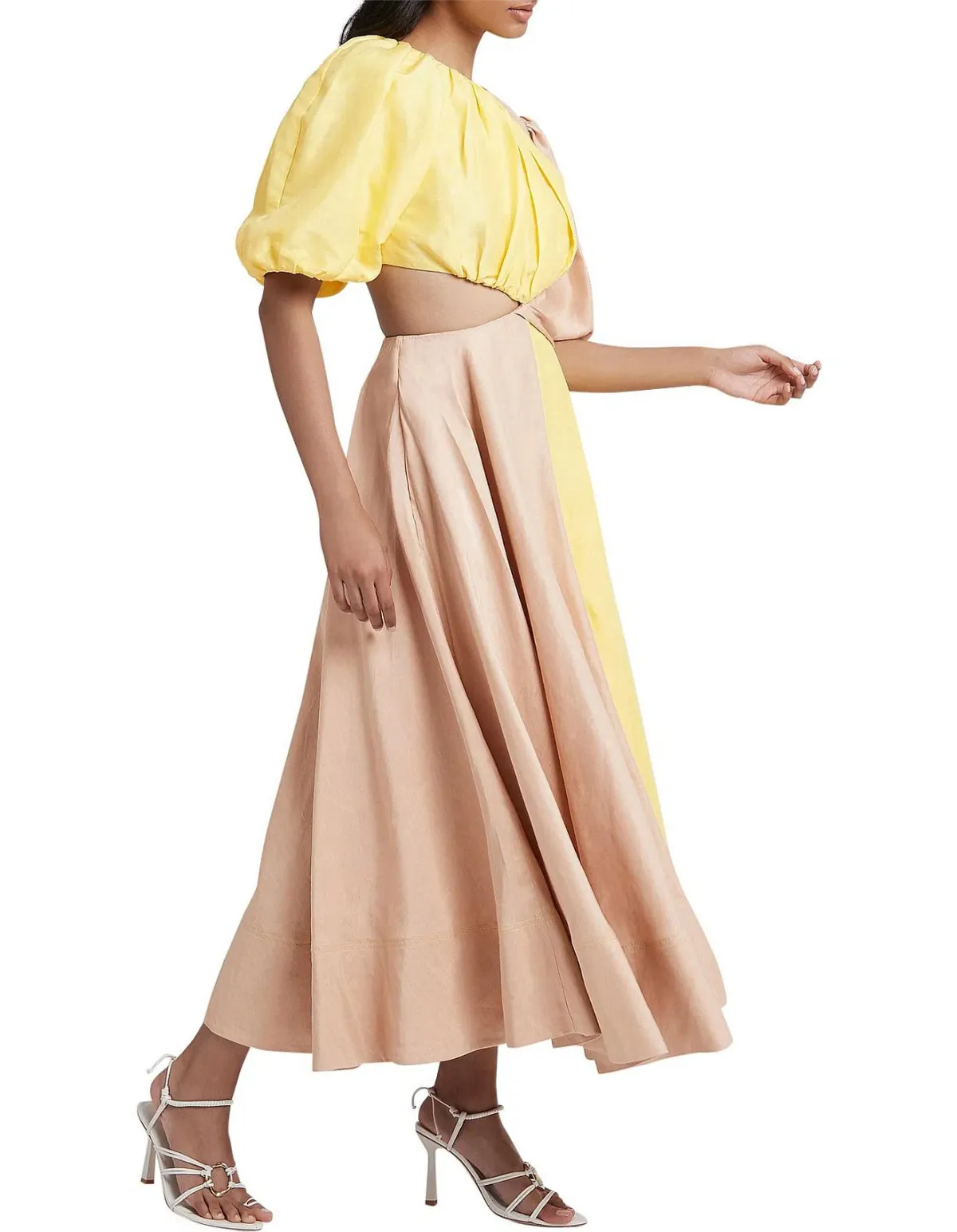 Aje Caliente Two Tone Puff Sleeve Midi Dress Daisy Yellow/Coast Beige Size 8  - Image 2