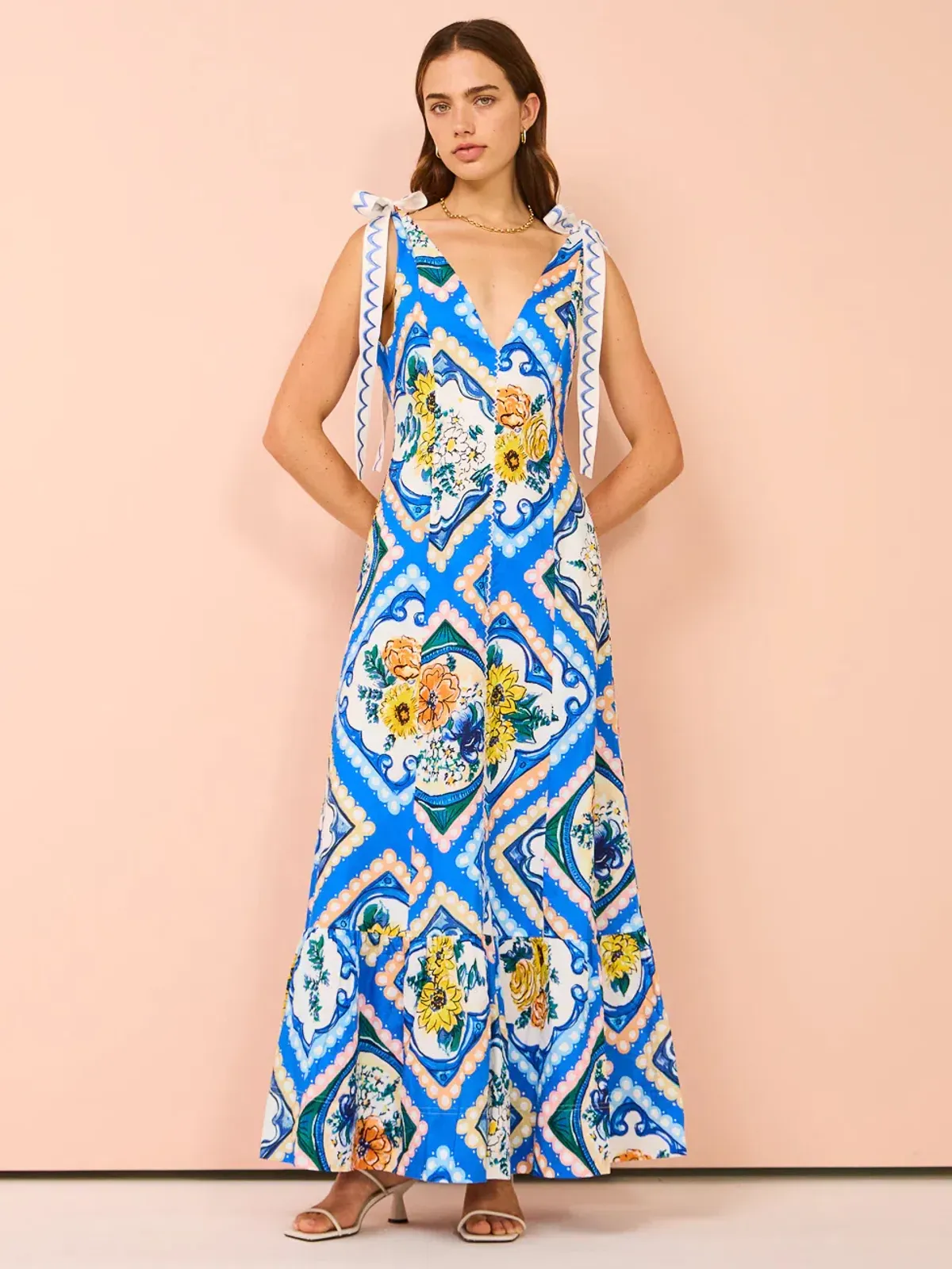 By Nicola Andoncia Tie Shoulder Maxi Dress Azure Blue Floral Size 8 - Image 1
