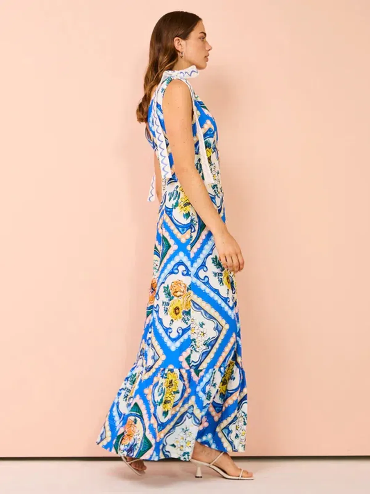 By Nicola Andoncia Tie Shoulder Maxi Dress Azure Blue Floral Size 8 - Image 5