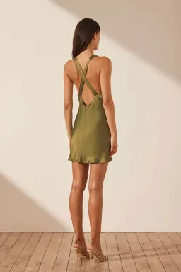 Shona Joy Arienzo Plunged Cross Back Mini Dress Olive Green Size 8 for rent on The Volte - image 2