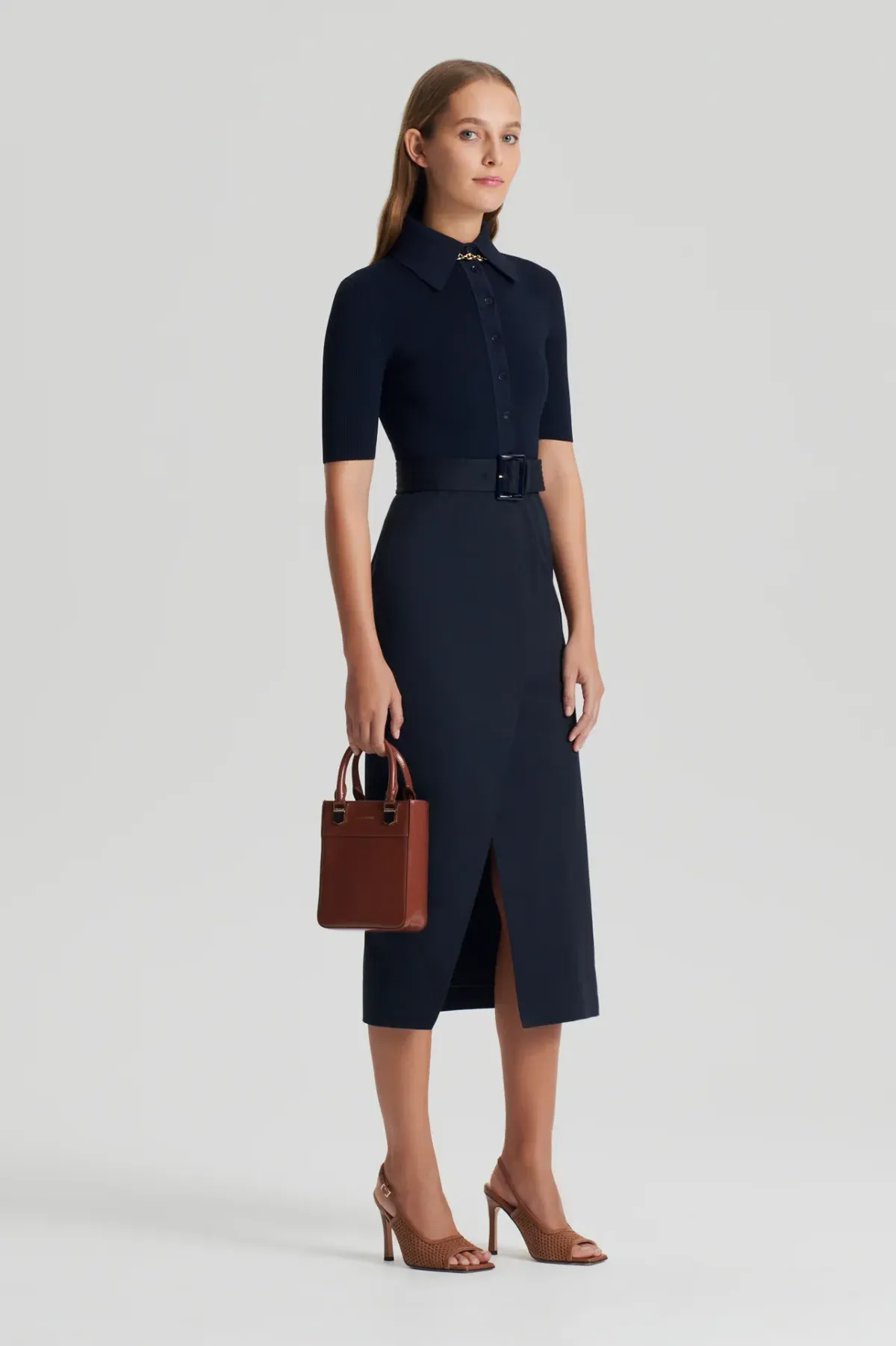 Scanlan Theodore Crepe Knit Pencil Cotton Dress Navy Size 12 - Image 2