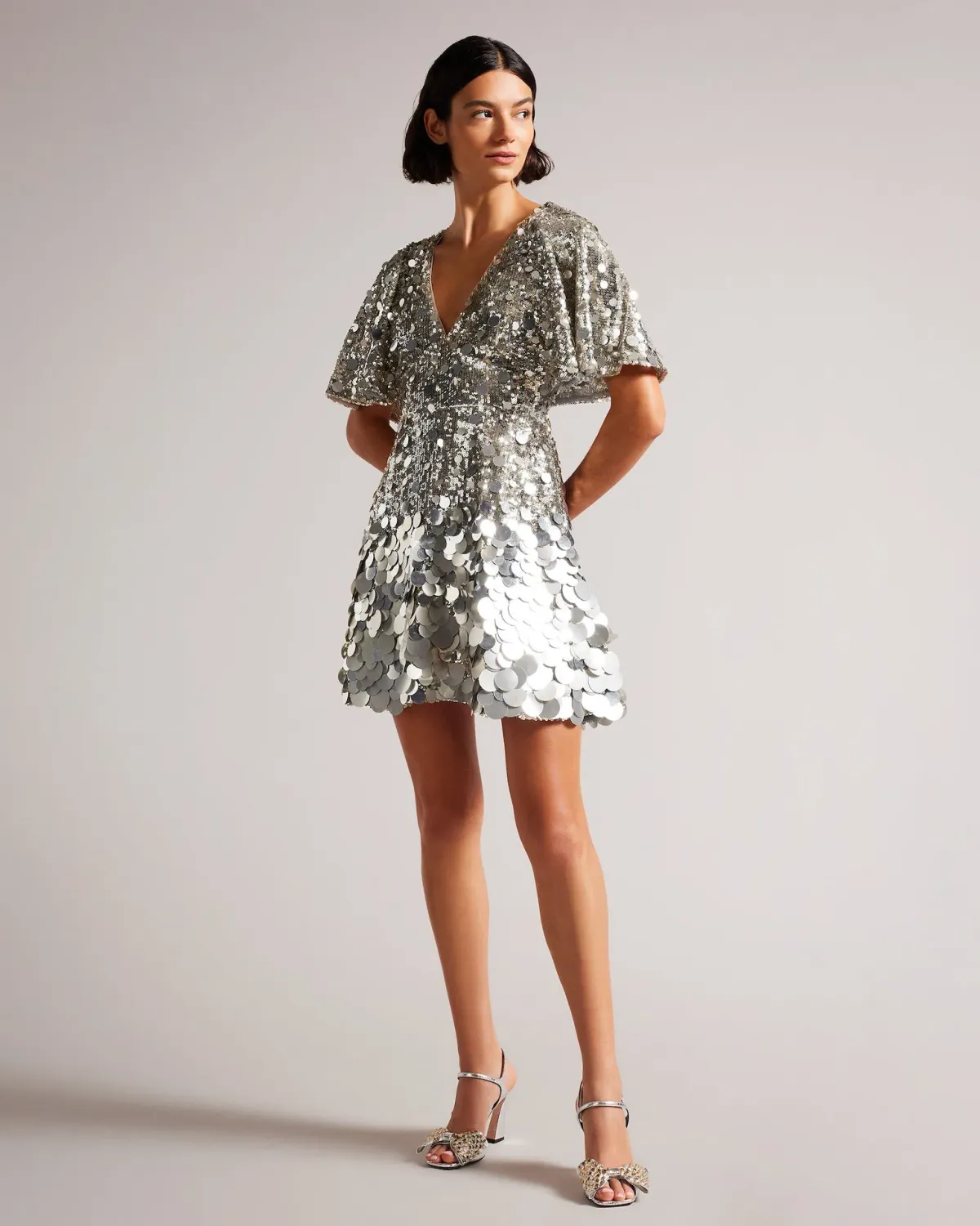 Ted Baker Silver Estelli Embellished Cape Woven Mini Dress Sequin Size 8 - Image 1