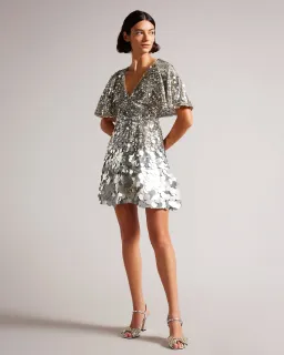 Ted Baker Silver Estelli Embellished Cape Woven Mini Dress Sequin Size 8 for rent on The Volte - image 1