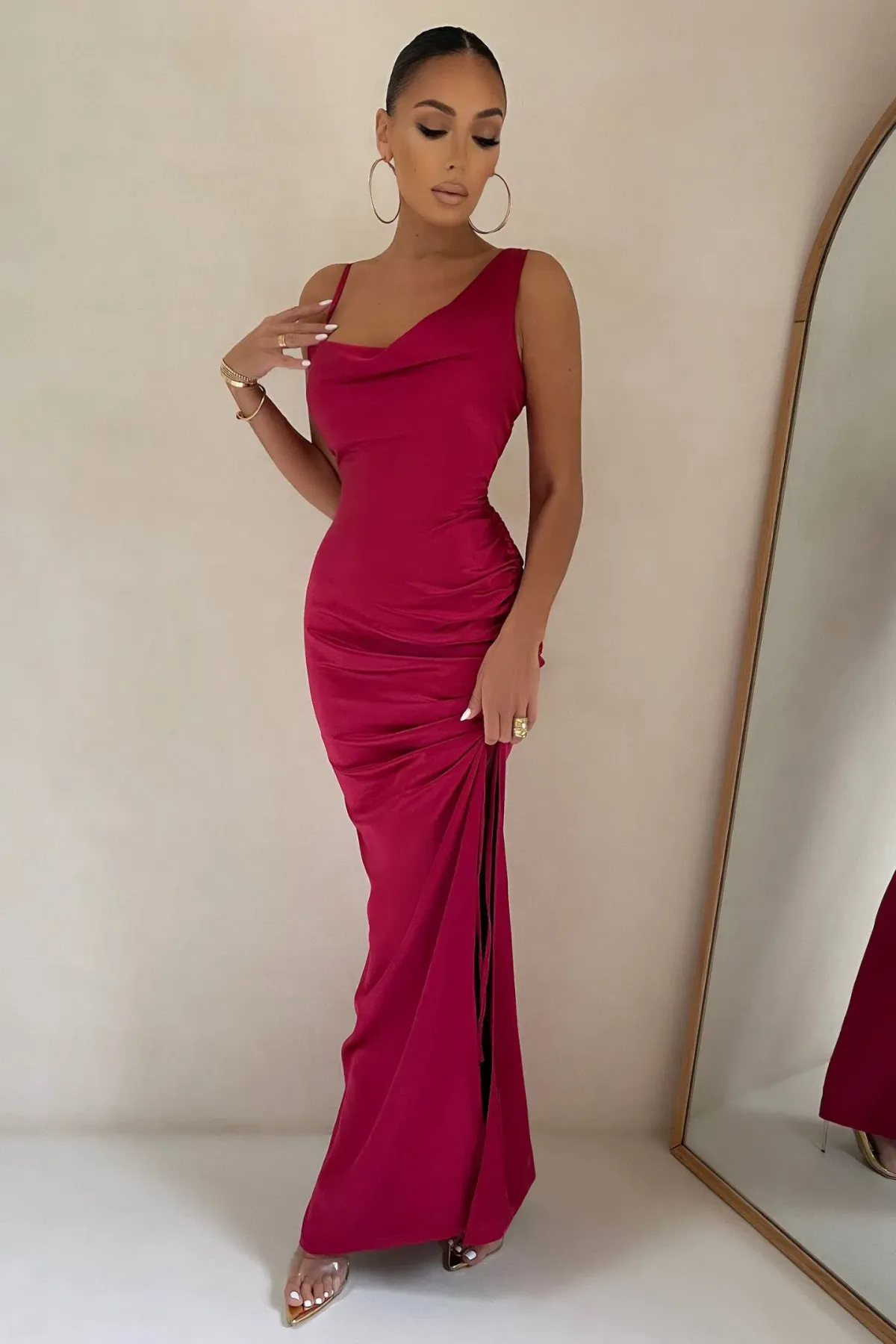 Club L London Belonging Berry Ruched Cowl Maxi Dress Pink Size 8 - Image 1