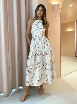  Shona Joy Roxanne Linen Open Back Tiered Midi Dress Floral Size AU 10  for rent on The Volte - image 1