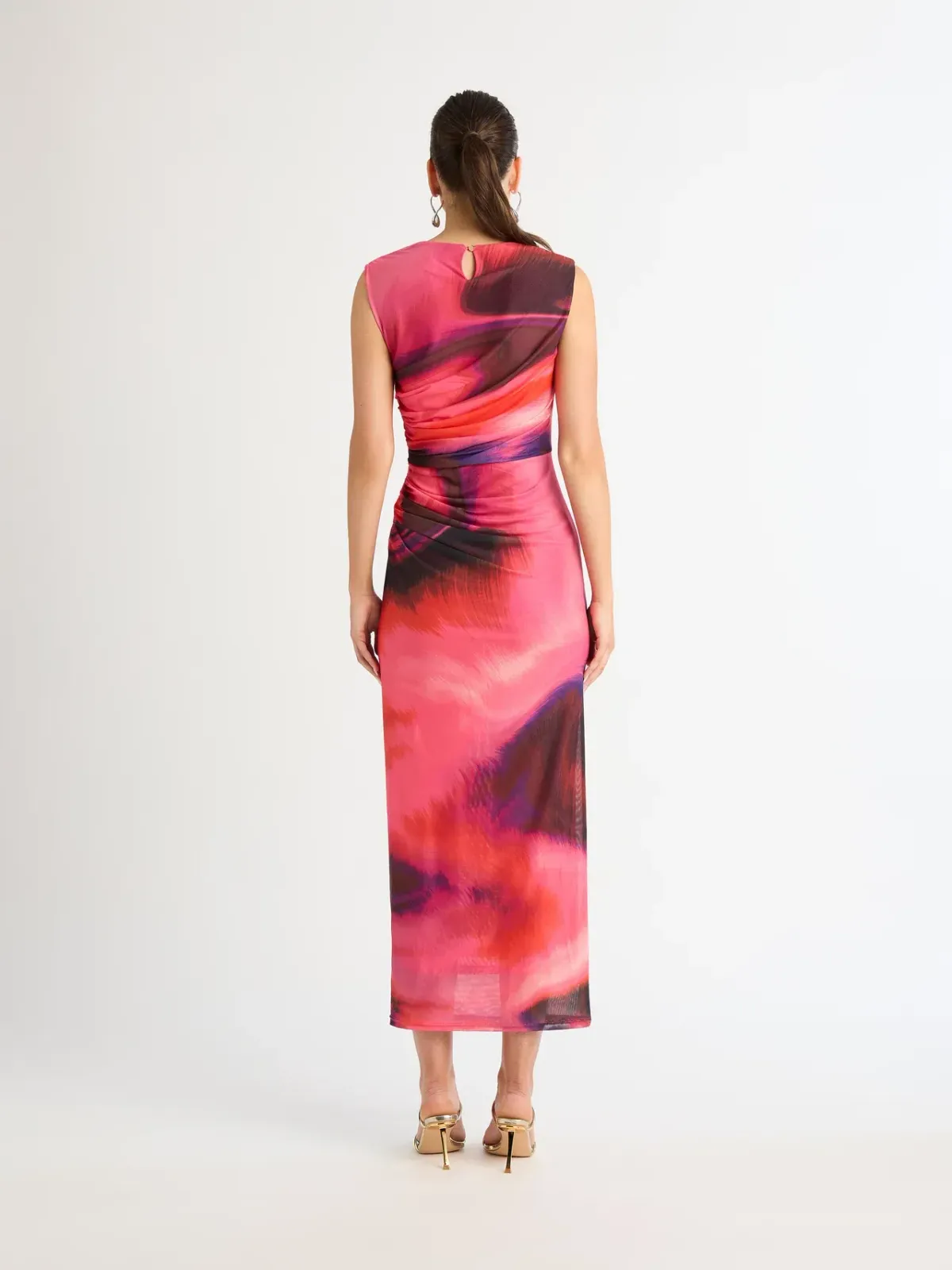 Sheike Tornado Mesh Maxi Dress Red and Pink Watercolour Print 12 - Image 2