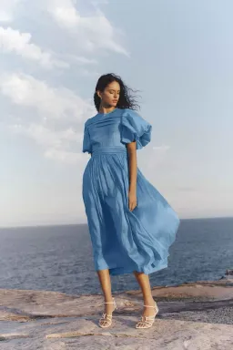 Aje Sylvia Pintuck Midi Dress Azure Blue Size 8 for rent on The Volte - image 1