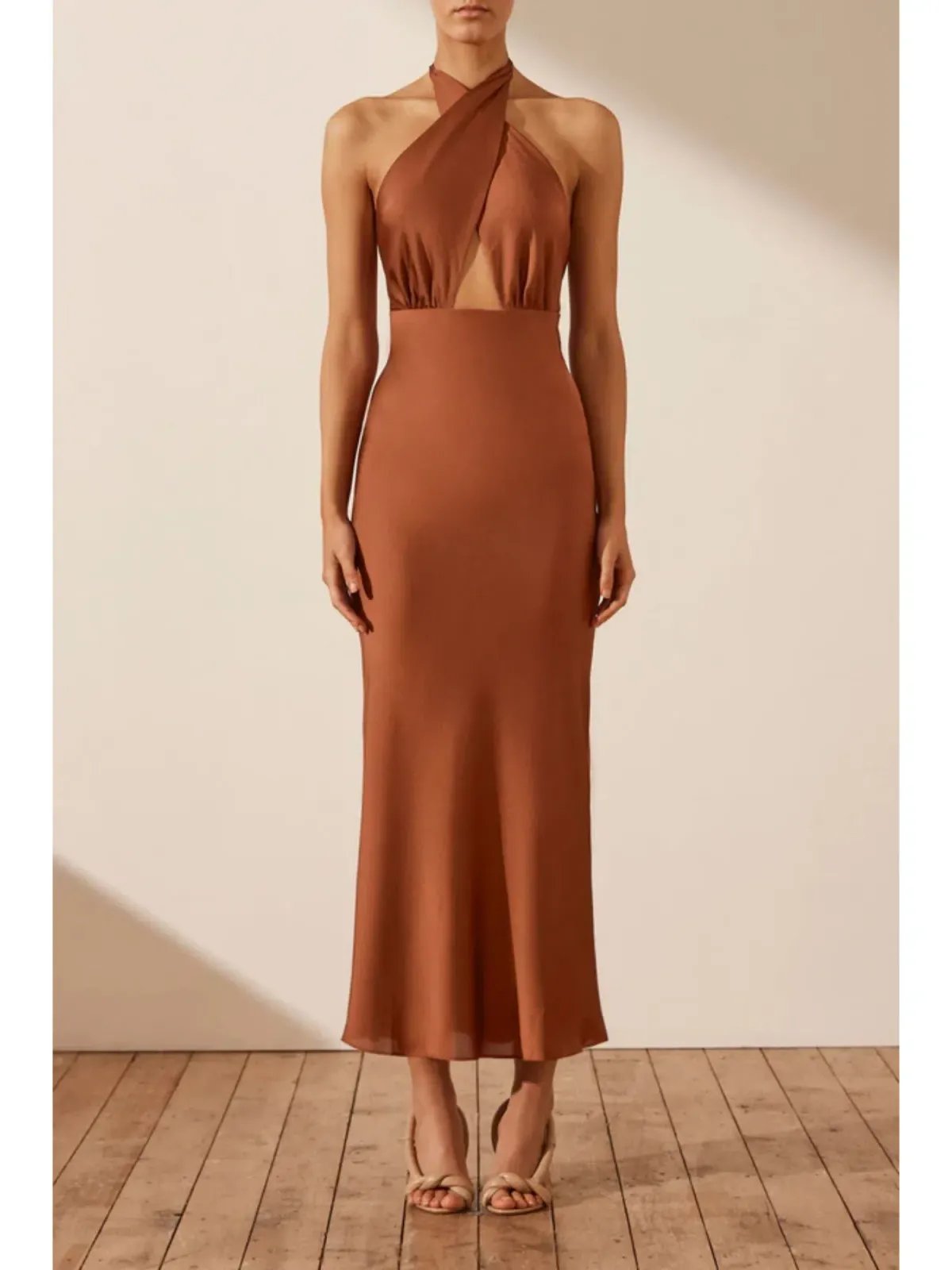 Shona Joy Luxe Cross Front Halter Midi Dress Mocha Size AU 12 - Image 1