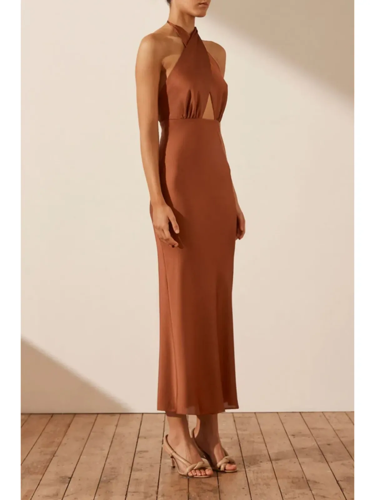 Shona Joy Luxe Cross Front Halter Midi Dress Mocha Size AU 12 - Image 2
