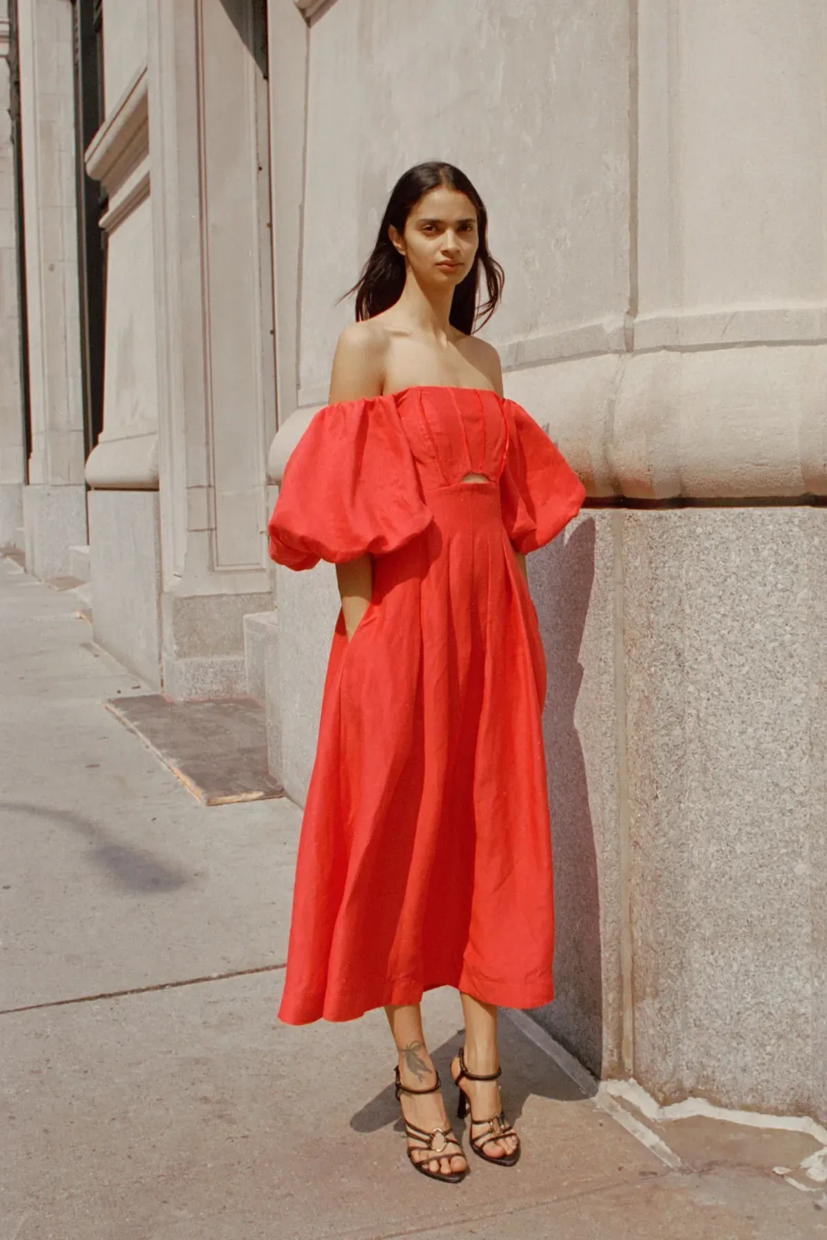 Aje Eugenie Off Shoulder Midi Dress Scarlet Red Size 12 - Image 1