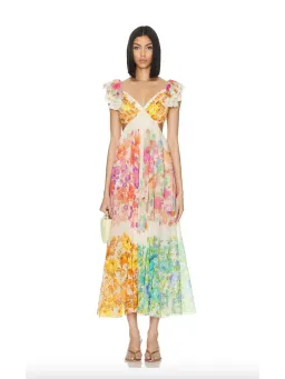 Zimmermann Raie Frill Shoulder Midi Dress Multi Floral Size 1/AU 10  for rent on The Volte - image 1