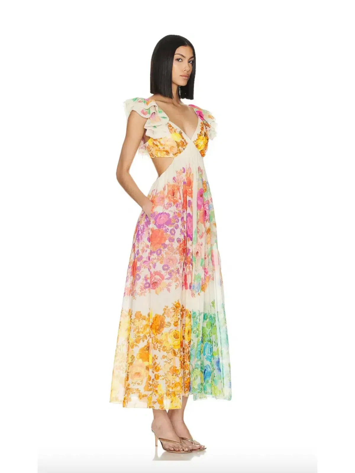Zimmermann Raie Frill Shoulder Midi Dress Multi Floral Size 1/AU 10 - Image 2