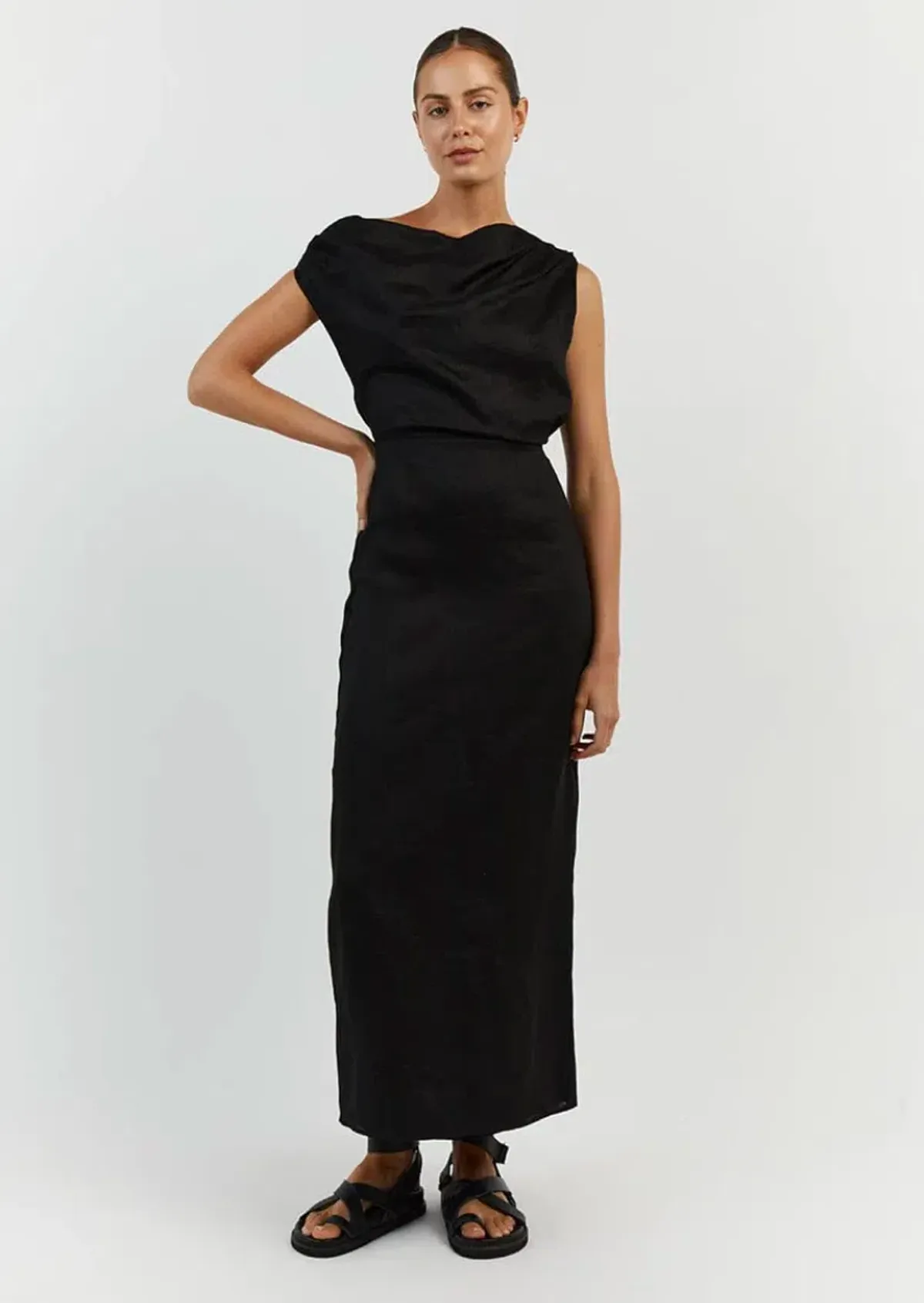 Dissh Cass Linen Asym Midi Dress Black Size 10 - Image 1