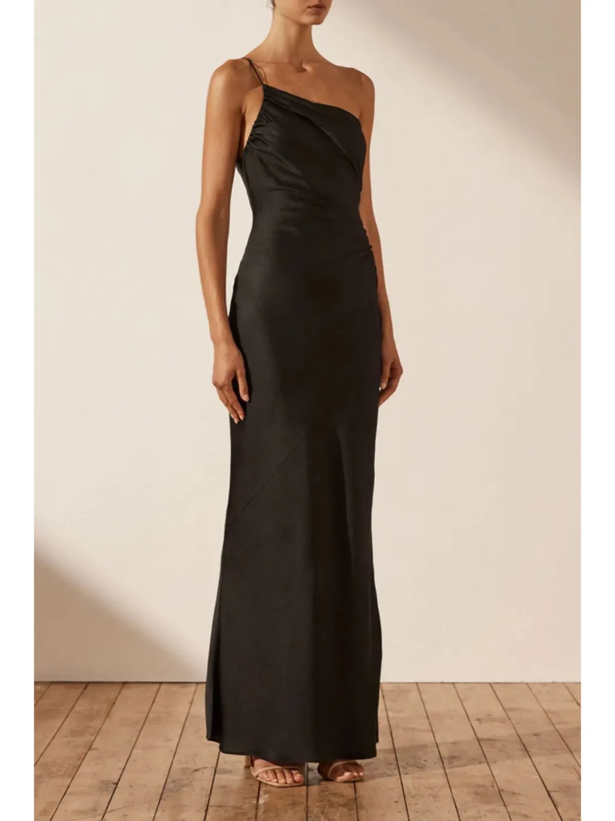 Shona Joy Asymmetrical Gathered Maxi Dress in Black Size AU 6 - Image 2