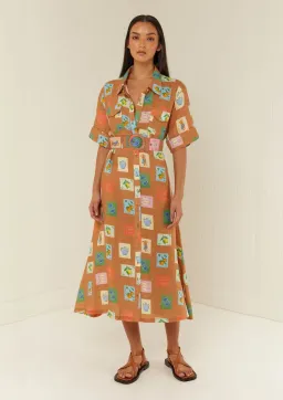 Palm Noosa Souvenir Shirt Midi Dress Brown Emblem Size 14  for rent on The Volte - image 1