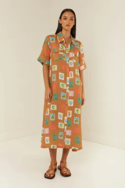 Palm Noosa Souvenir Shirt Midi Dress Brown Emblem Size 14  for rent on The Volte - image 5