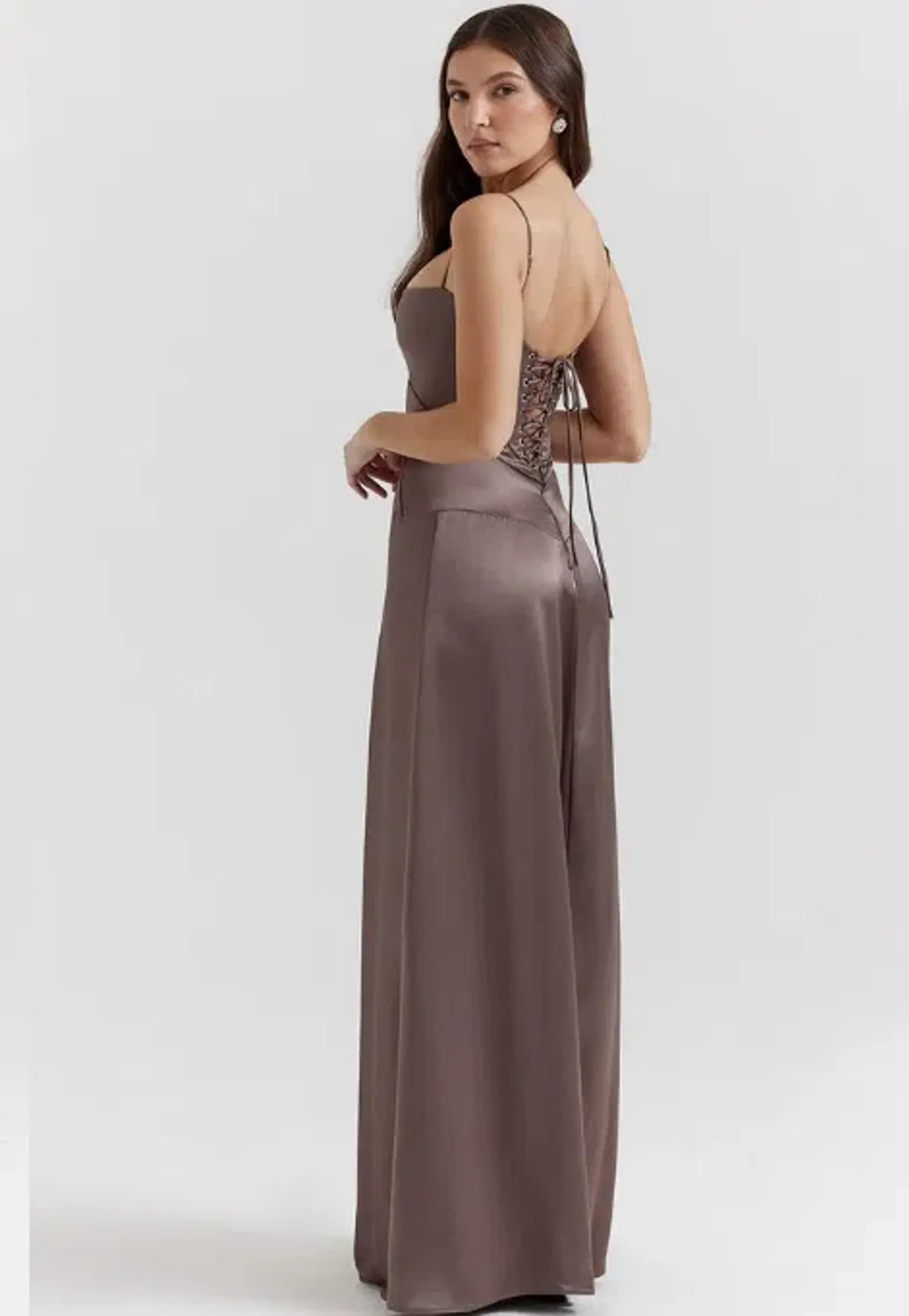 House Of CB Anabella Lace Up Corset Silk Maxi Dress Smoke In Size S/Au 8 - Image 3