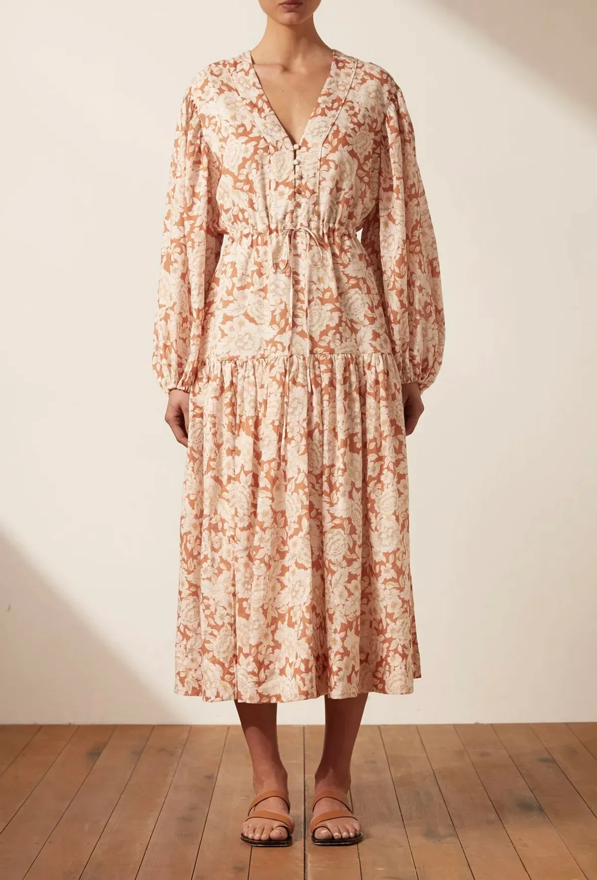 Shona Joy Flor Balloon Sleeve Drawstring Midi Dress Floral Size 12 - Image 1