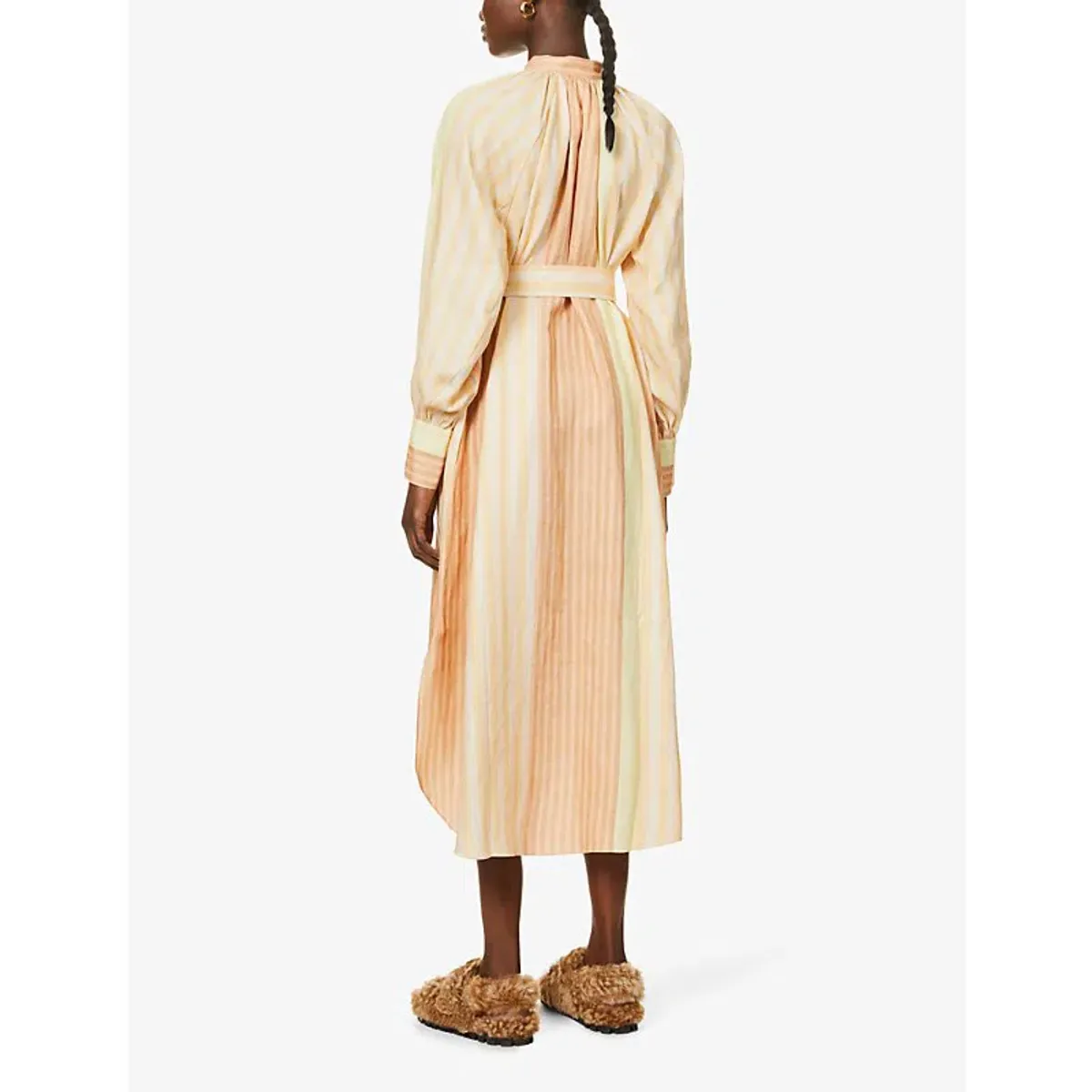Oroton Striped Long Sleeve Belted Straight Fit Linen Midi Dress Almond Milk Size 12 - Image 3