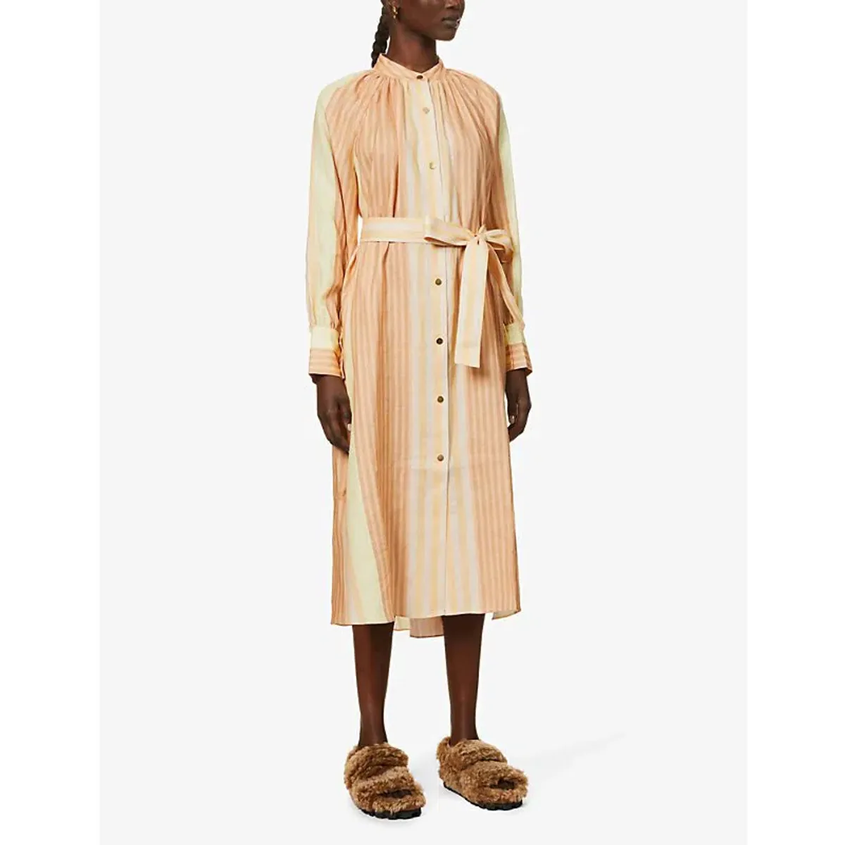 Oroton Striped Long Sleeve Belted Straight Fit Linen Midi Dress Almond Milk Size 12 - Image 2
