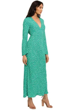 Rixo London Arielle Flared Sleeve Midi Dress Green Floral Size 8 for rent on The Volte - image 2