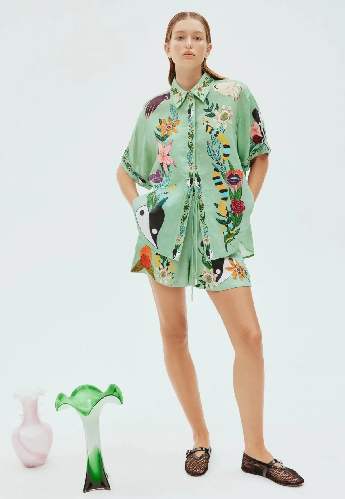 Alemais Meagan Shirt Size 8 and Shorts Size 10 Set Green Print  - Image 2