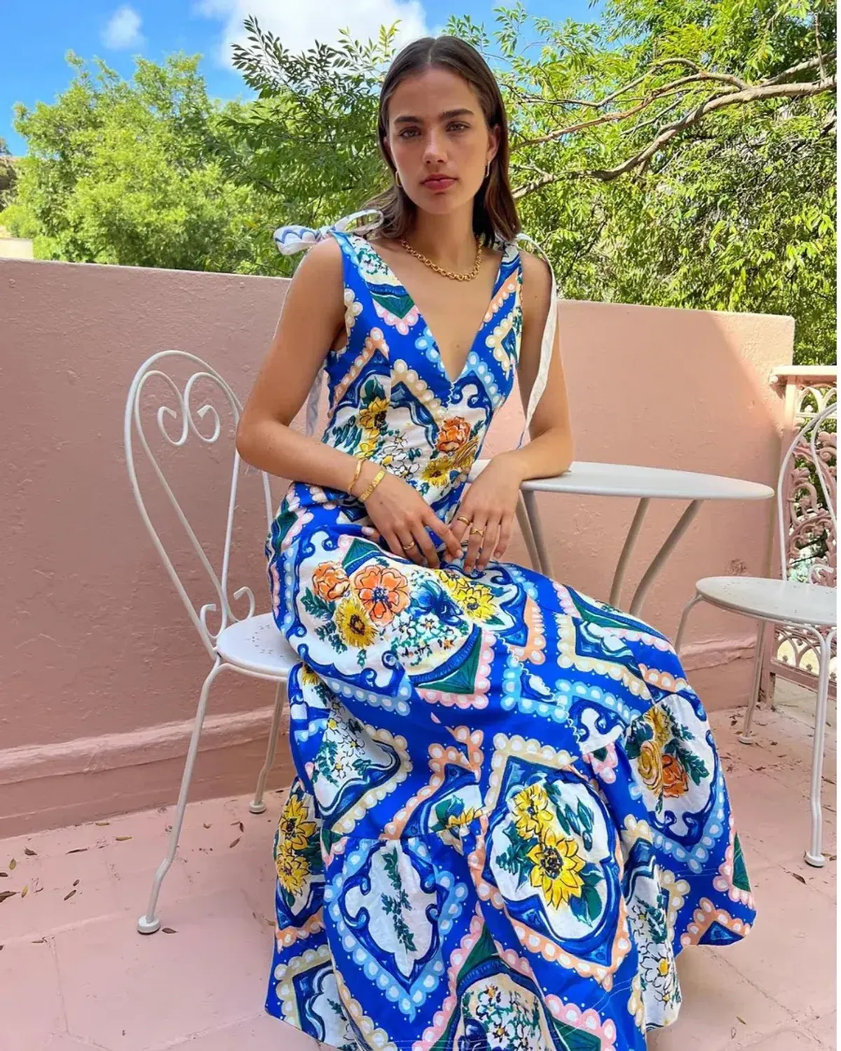 By Nicola Adoncia Tie Shoulder Maxi Dress In Azure Floral Size 10 - Image 1