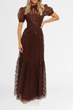 Self Portrait Grid Sequin Maxi Dress Brown Size 8 for rent on The Volte - image 2