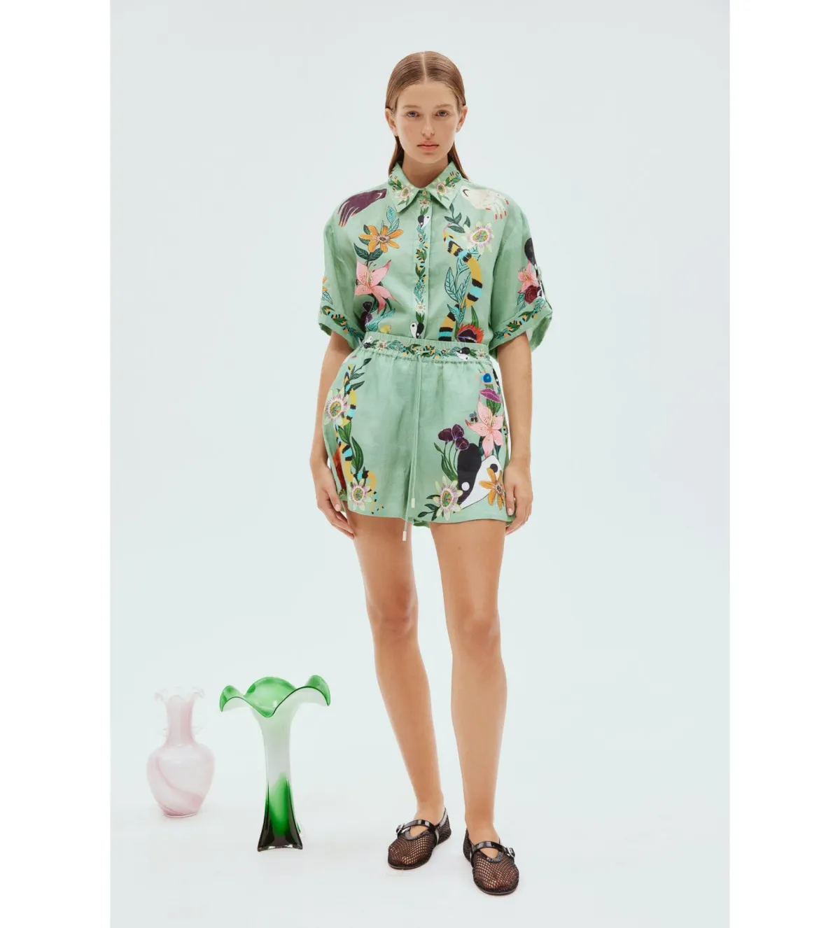 Alemais Meagan LInen Shirt Size 12 and Shorts Size 14 Set Green/Print - Image 1