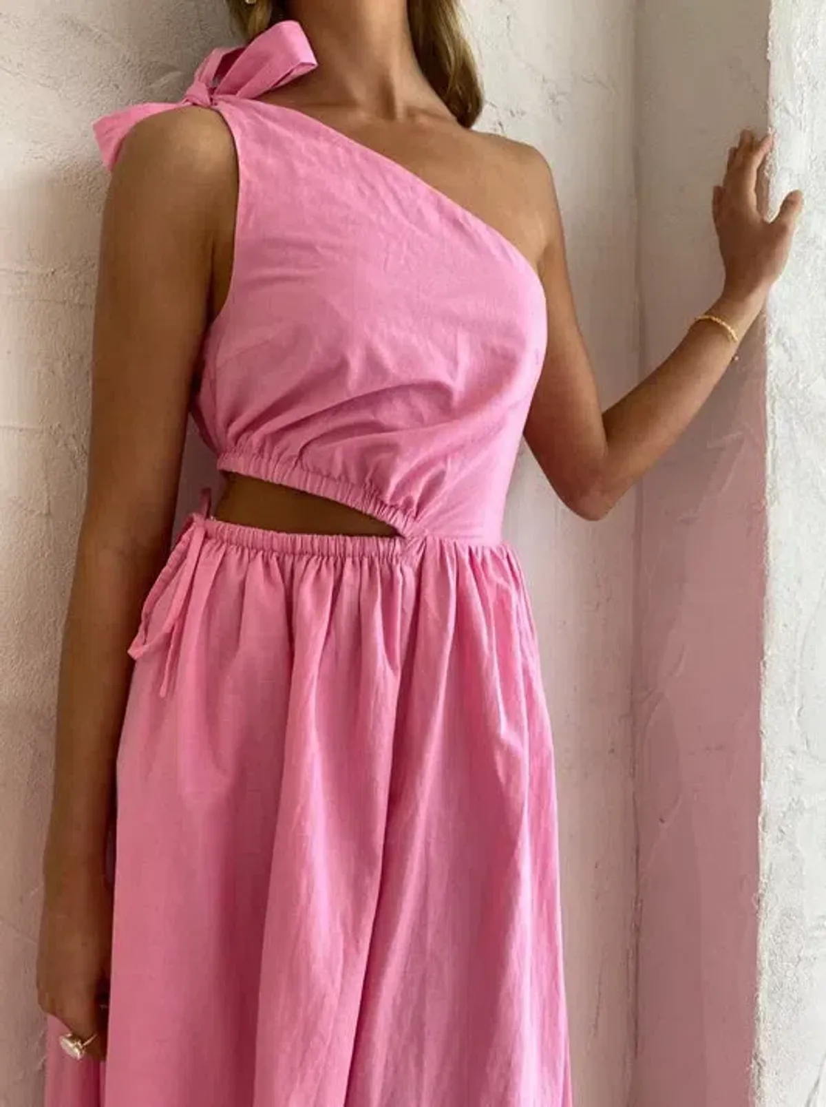 By Nicola Gabriella One Shoulder Midi Dress In Pink Grapefruit Size 12 - Image 4
