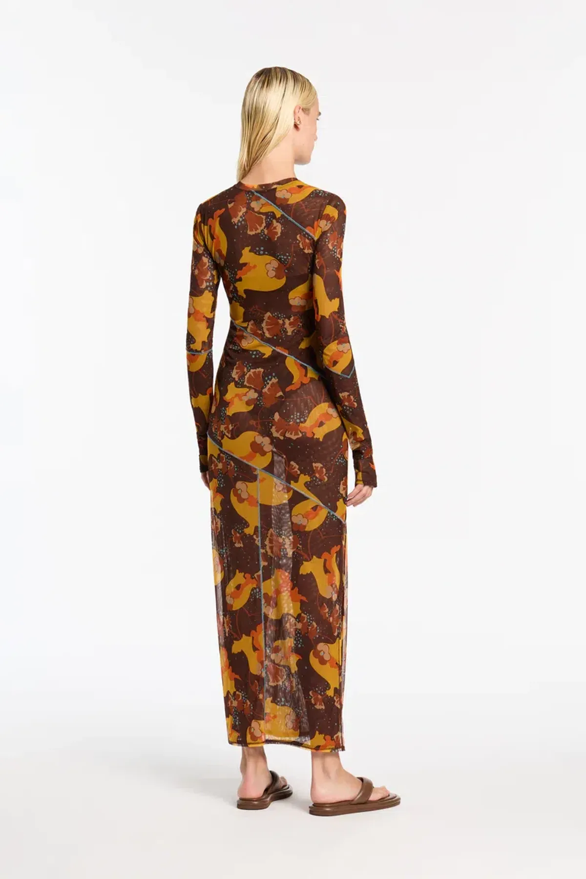 Sir the Label Jacques Mesh Panelled Midi Dress Brown Floral Size 1/ AU 8 - Image 3