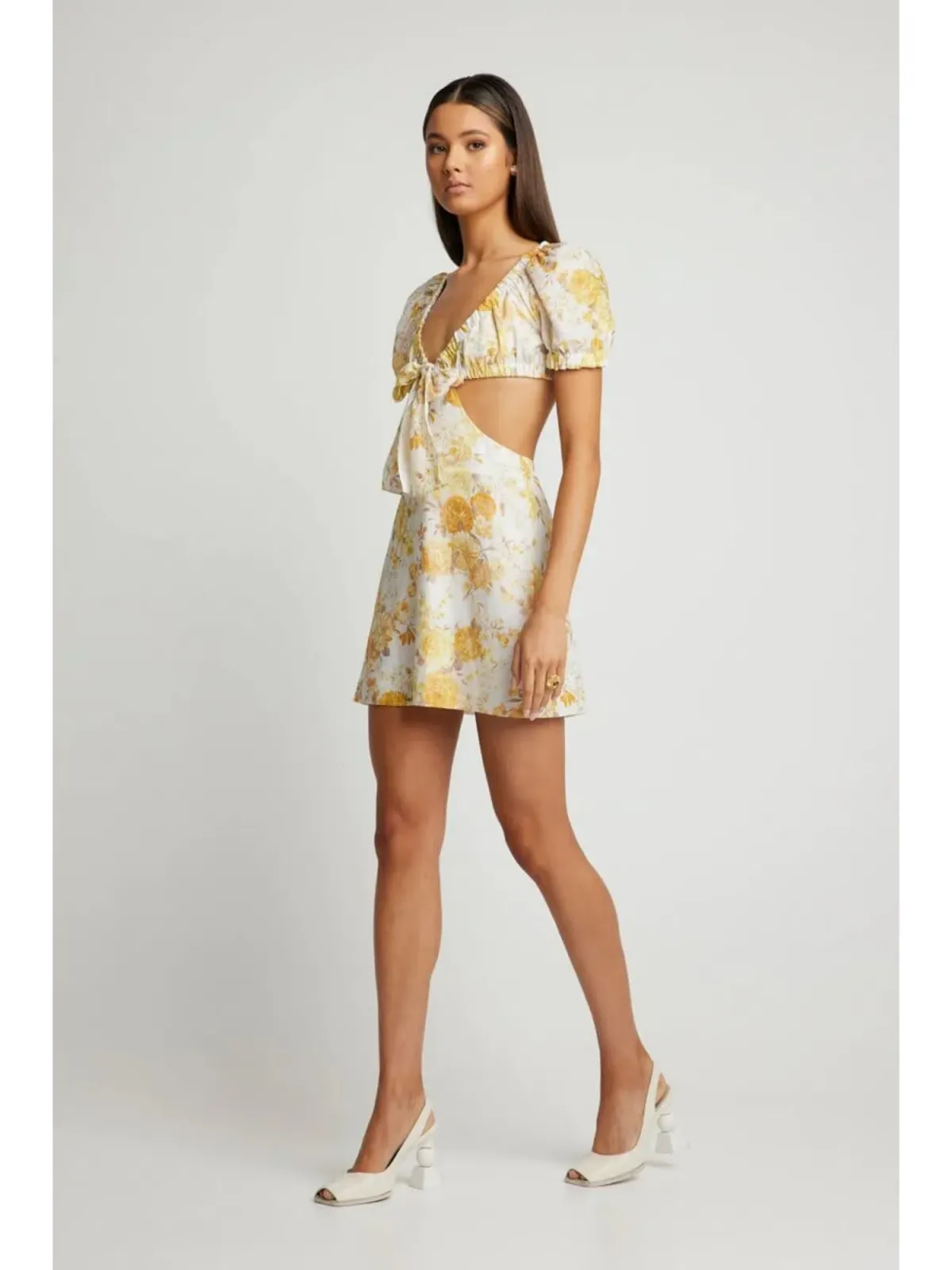 Sofia The Label Ami Tie Front Mini Dress Yellow Floral Size AU 8 - Image 2
