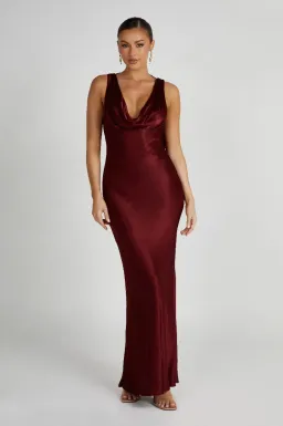 MESHKI Angelique Satin Cowl Back Maxi Dress Berry in Size S / AU 8 for rent on The Volte - image 1