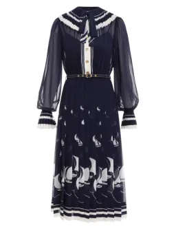  Zimmermann Pleated Tie Neck Midi Dress Moonlight Sailboats Size 0P / AU 6  for rent on The Volte - image 3
