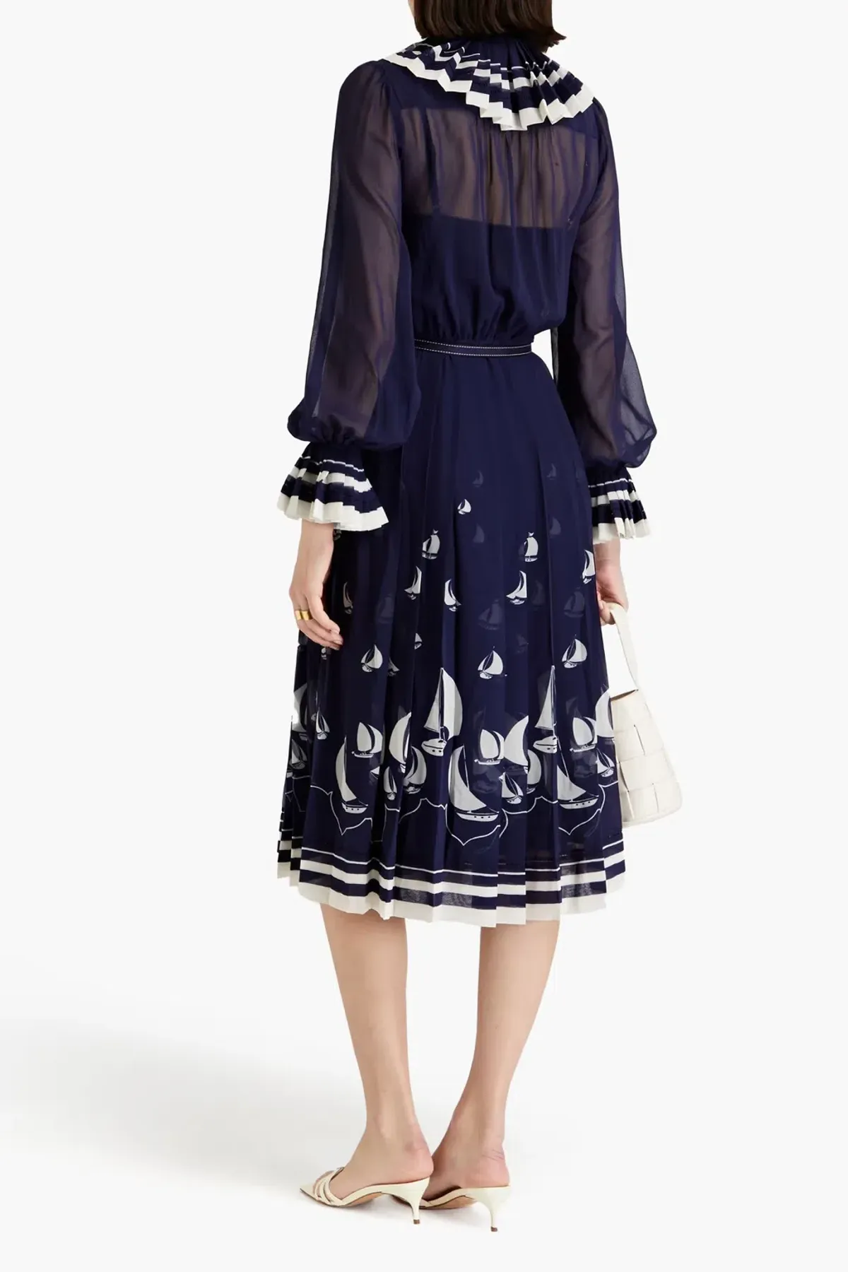  Zimmermann Pleated Tie Neck Midi Dress Moonlight Sailboats Size 0P / AU 6  - Image 2