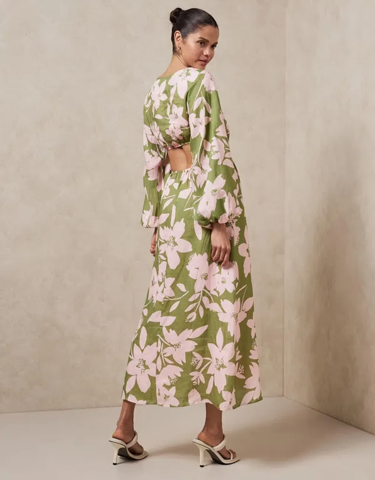 Aere Linen Billow Sleeve Maxi Dress Green Floral Size 6 - Image 3