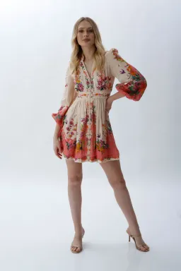 Zimmermann Tropicana Plunge Mini Dress in Cream Floral Size 0 / 8 AU for rent on The Volte - image 1