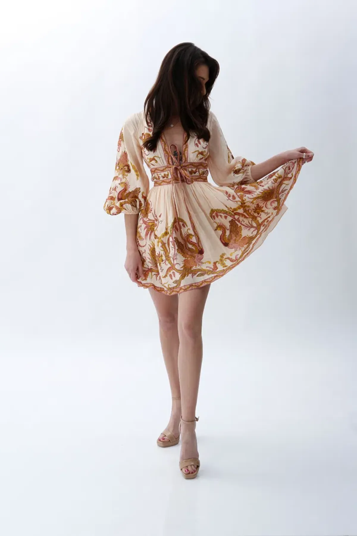 Zimmermann Cassia Plunge Bow Mini Dress Cream Bird Floral Size 0 / AU 8 - Image 4