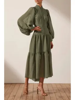Shona Joy Charlotte High Neck Midi Dress Khaki Size AU 16 for rent on The Volte - image 2