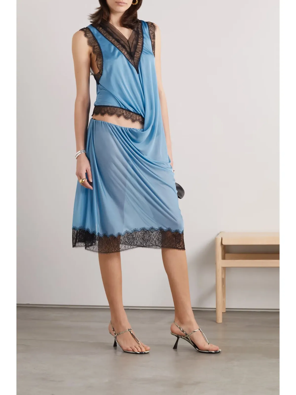 Christopher Esber Cutout Draped Lace-Trimmed Chiffon Dress Blue Size 12 - Image 1