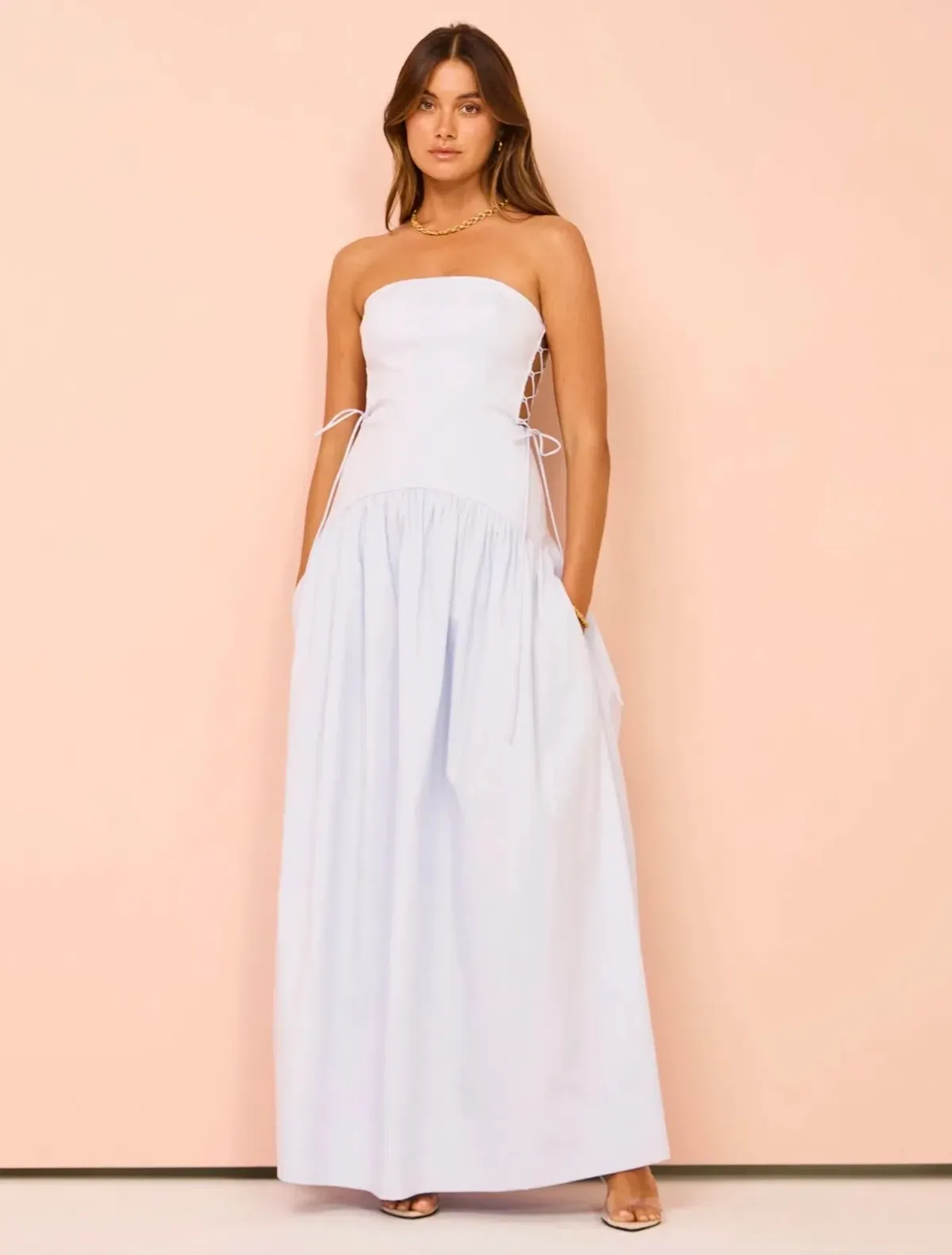 Shona Joy Amada Lace Up Strapless Maxi Dress Ice Blue Size 10 - Image 1