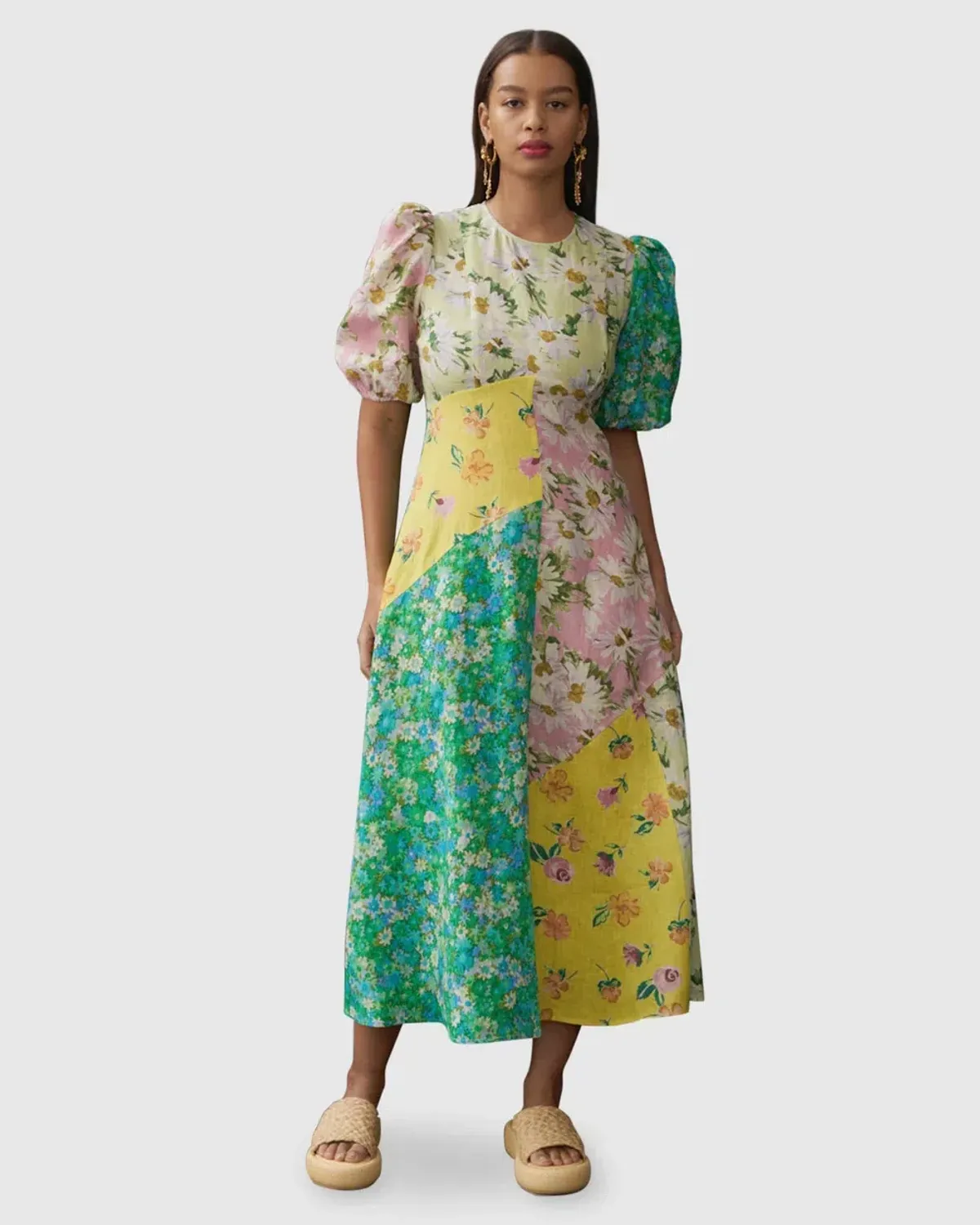 Alemais Kenzie Patchwork Linen Midi Dress Floral Size 10 - Image 1