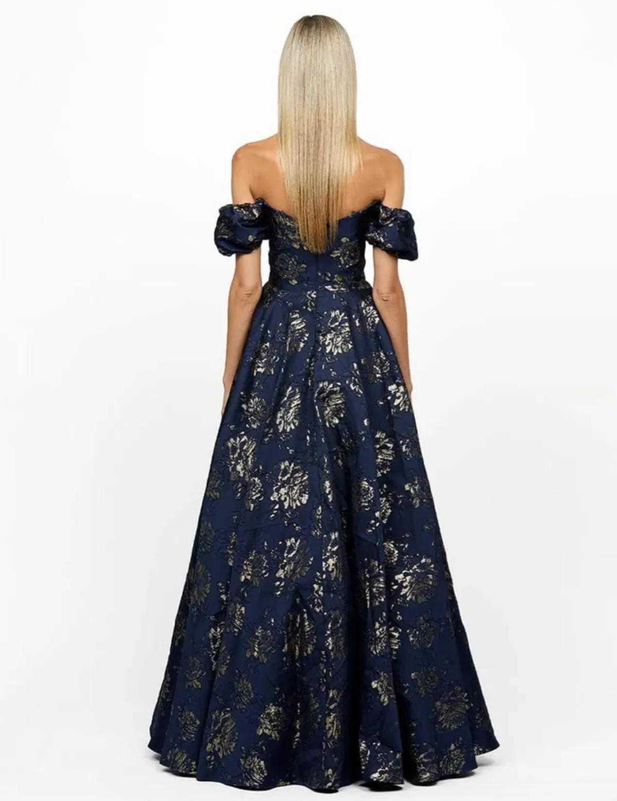 Bariano Sandy Sweetheart Off Shoulder Gown Navy/Gold Size 16 - Image 3