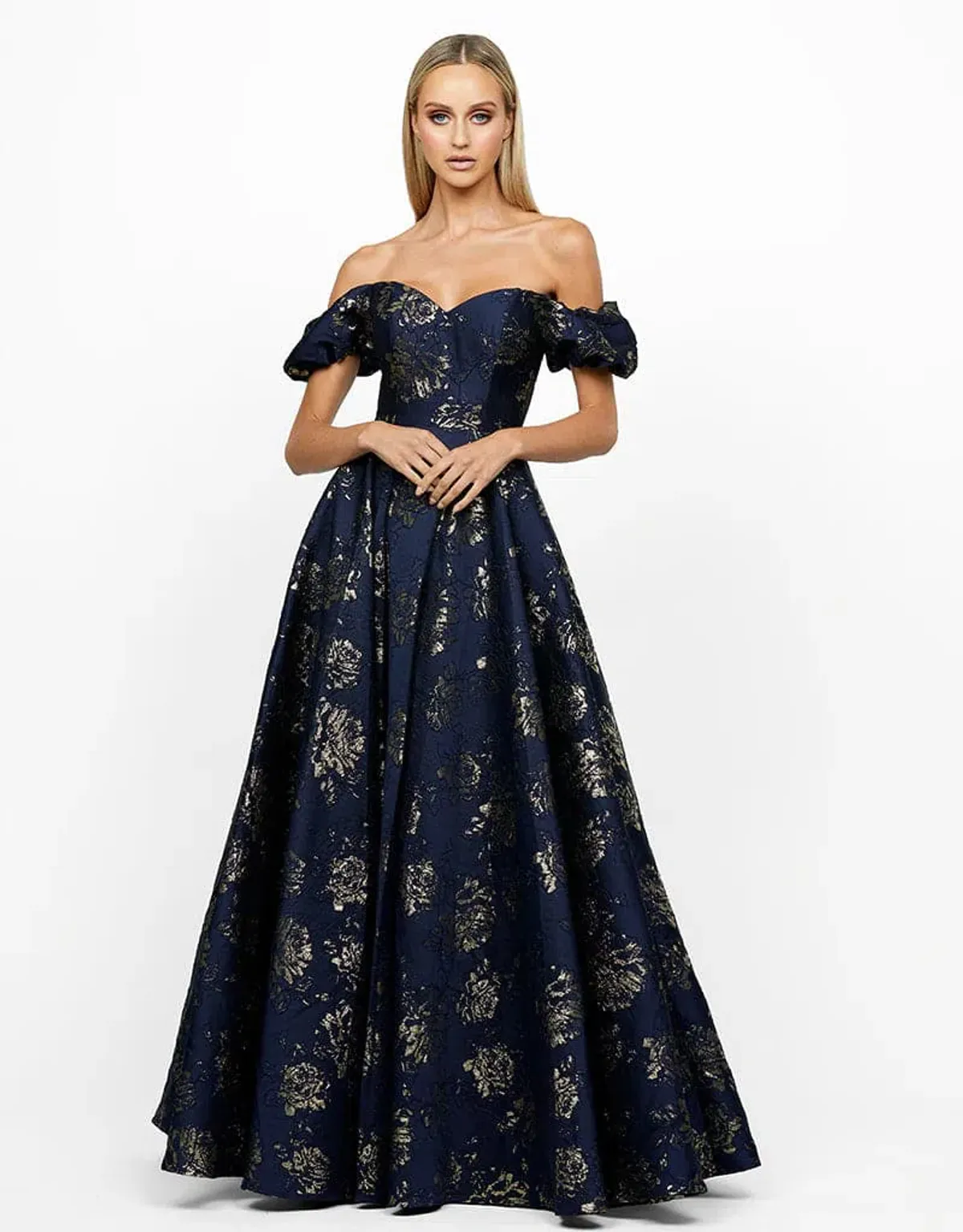 Bariano Sandy Sweetheart Off Shoulder Gown Navy/Gold Size 16 - Image 1