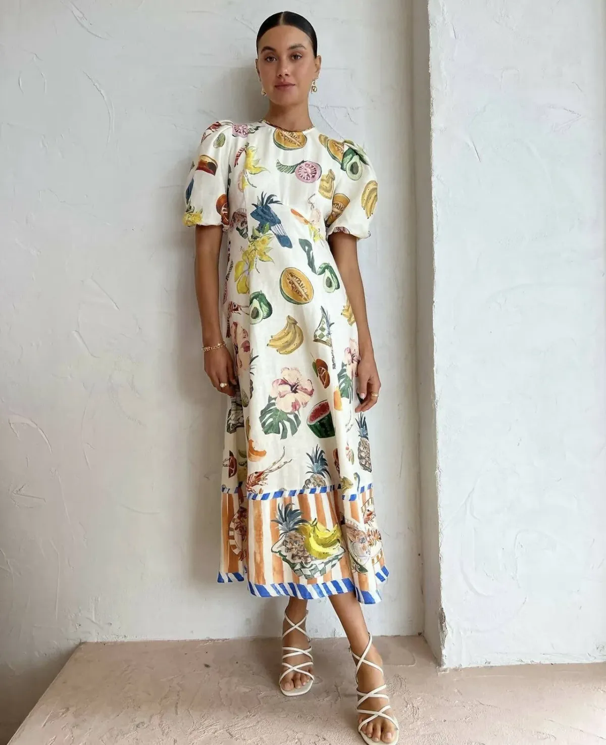 Alemais Theo Linen Blend Midi Dress Ivory Print Size AU 8 - Image 2