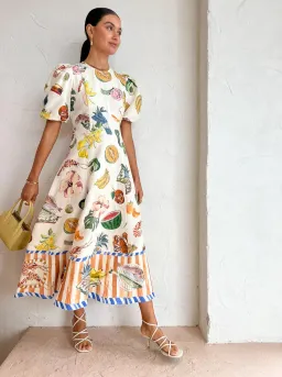 Alemais Theo Linen Blend Midi Dress Ivory Print Size AU 8 for rent on The Volte - image 1