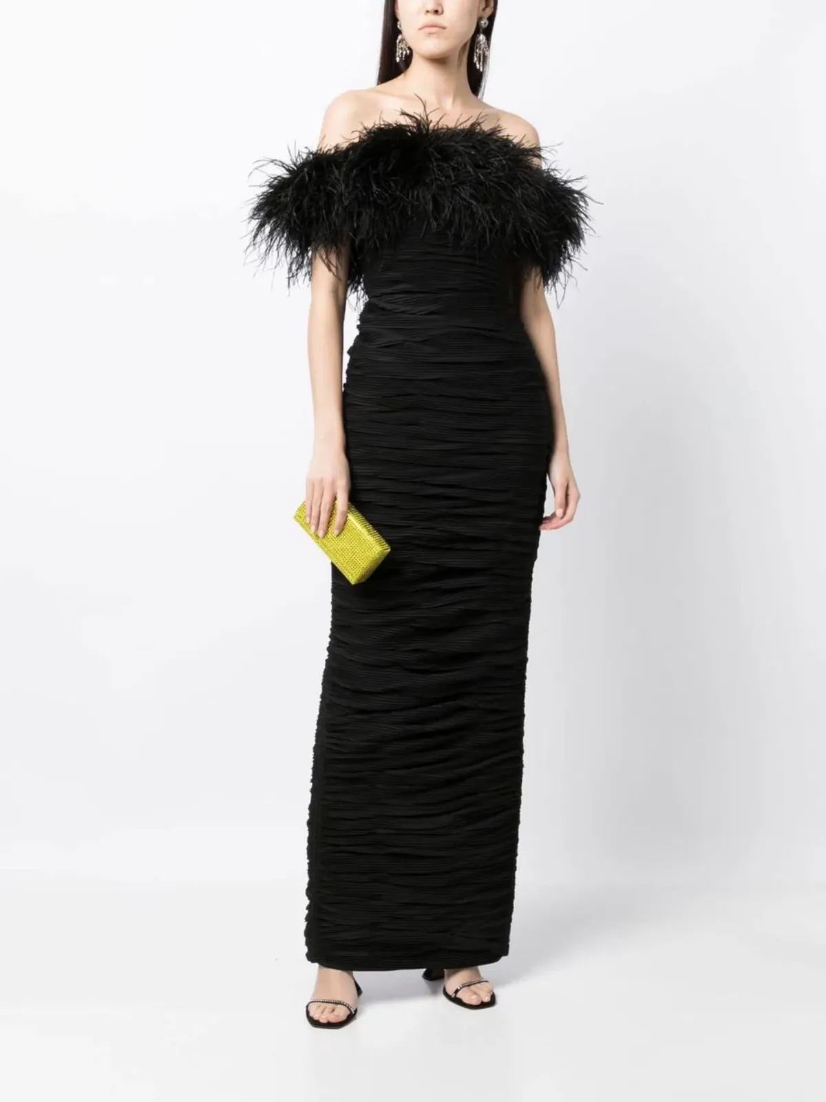 Rachel Gilbert Zion Feather Trim Ruched Gown Black Size 10 - Image 4
