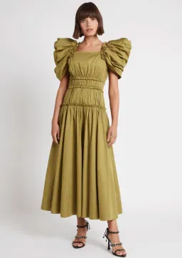 Aje Frequency Puff Butterfly Sleeve Midi Dress Khaki Size 8 for rent on The Volte - image 1