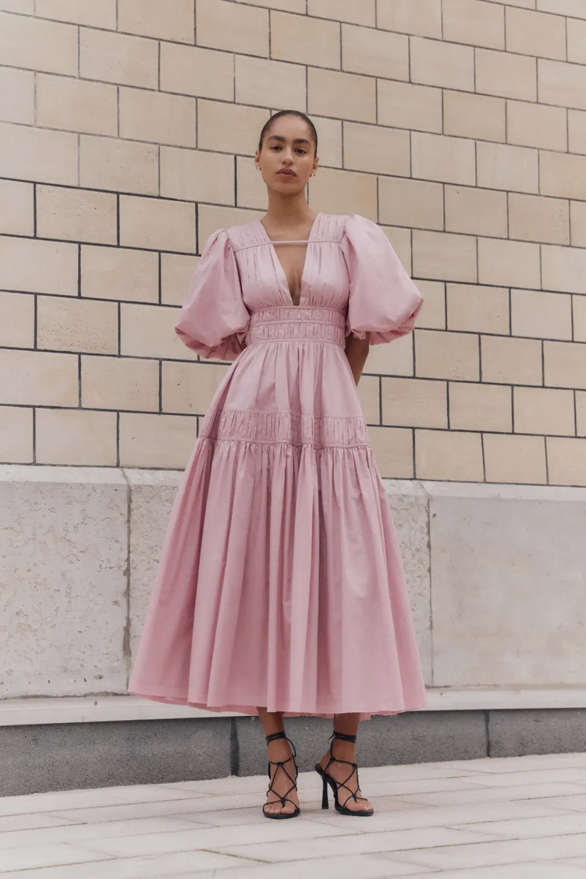 Aje Fallingwater Ruched Midi Dress in Chalk Pink Size AU 12 - Image 1